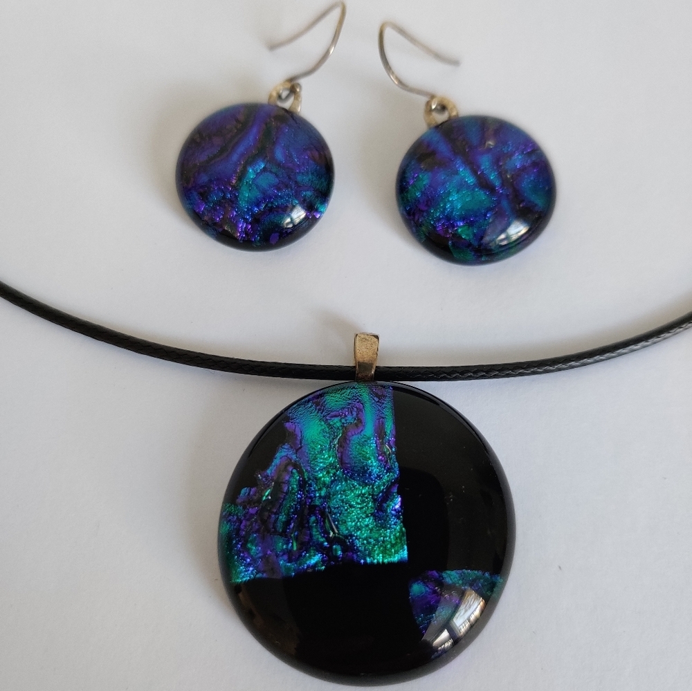 Vintage Artisan "Galaxy" Dichroic Glass Pendant and Earrings Silver 925